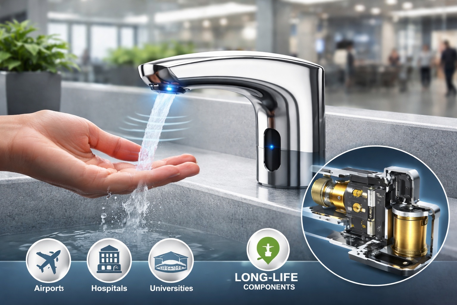 Low total cost of ownership touchless faucets with reduced service calls and long-life components